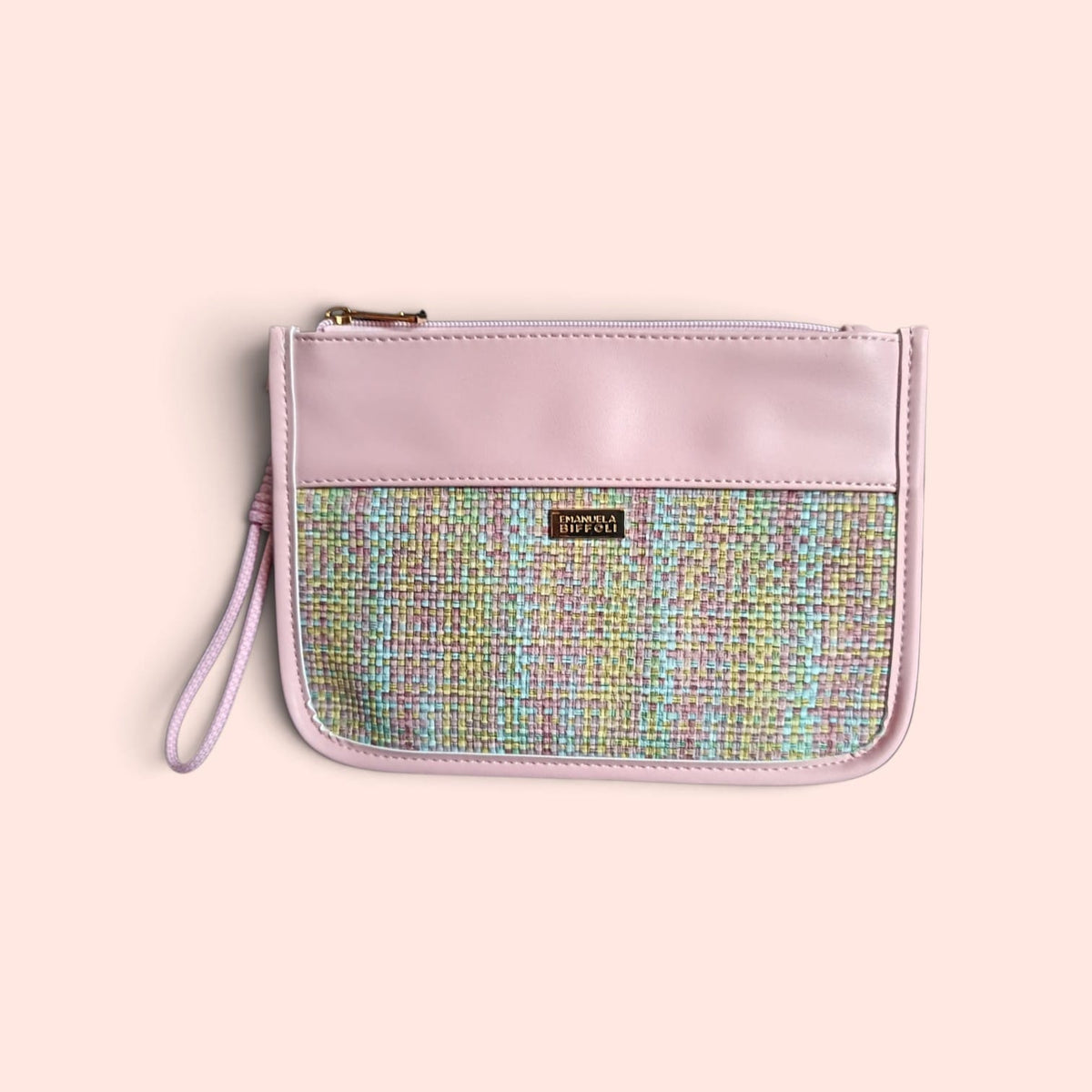 Borsa rosa Emanuela Biffoli Firenze con inserto frontale multicolore e chiusura a cerniera