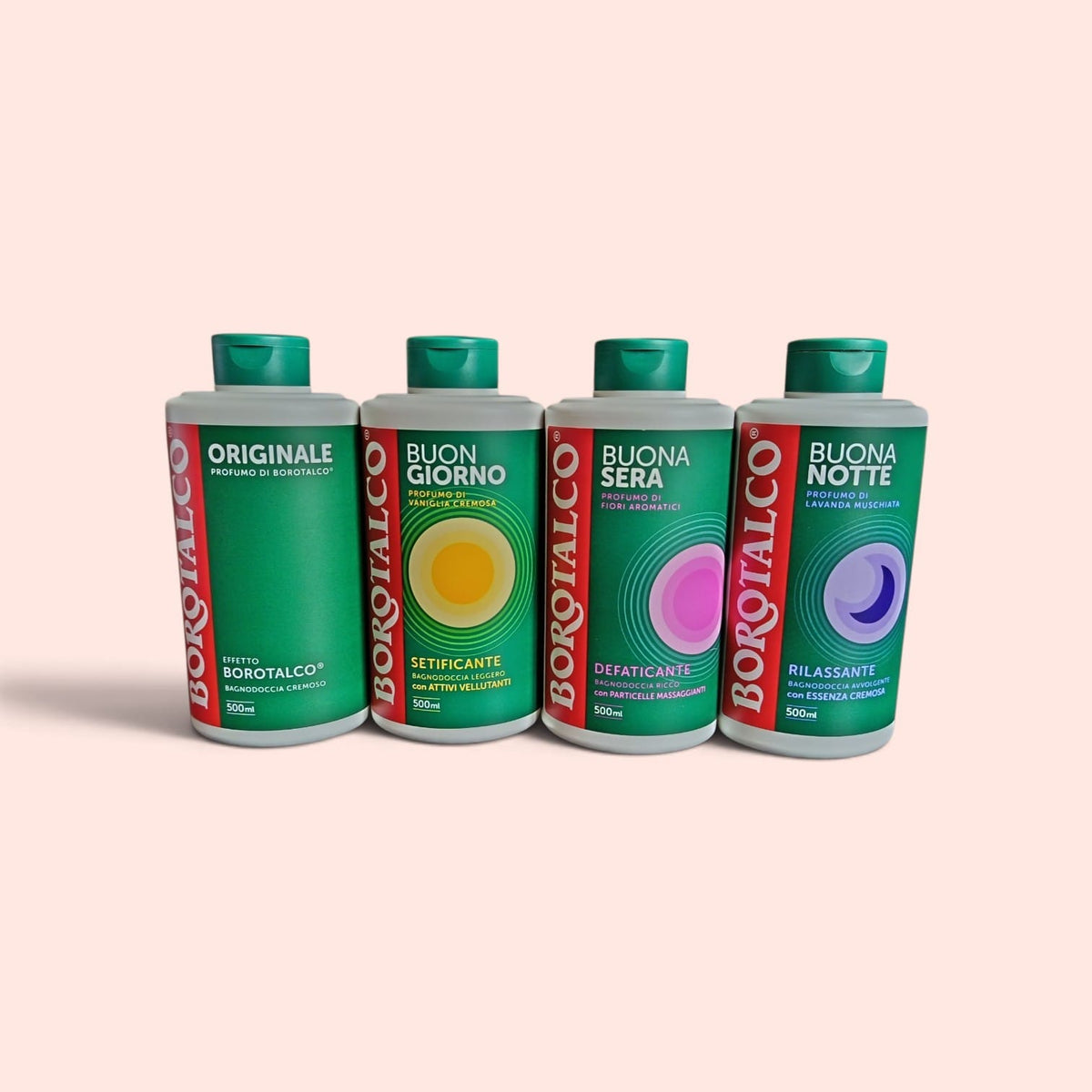 Borotalco bagnodoccia assortito in quattro profumazioni: Originale, Buon Giorno, Buona Sera e Buona Notte